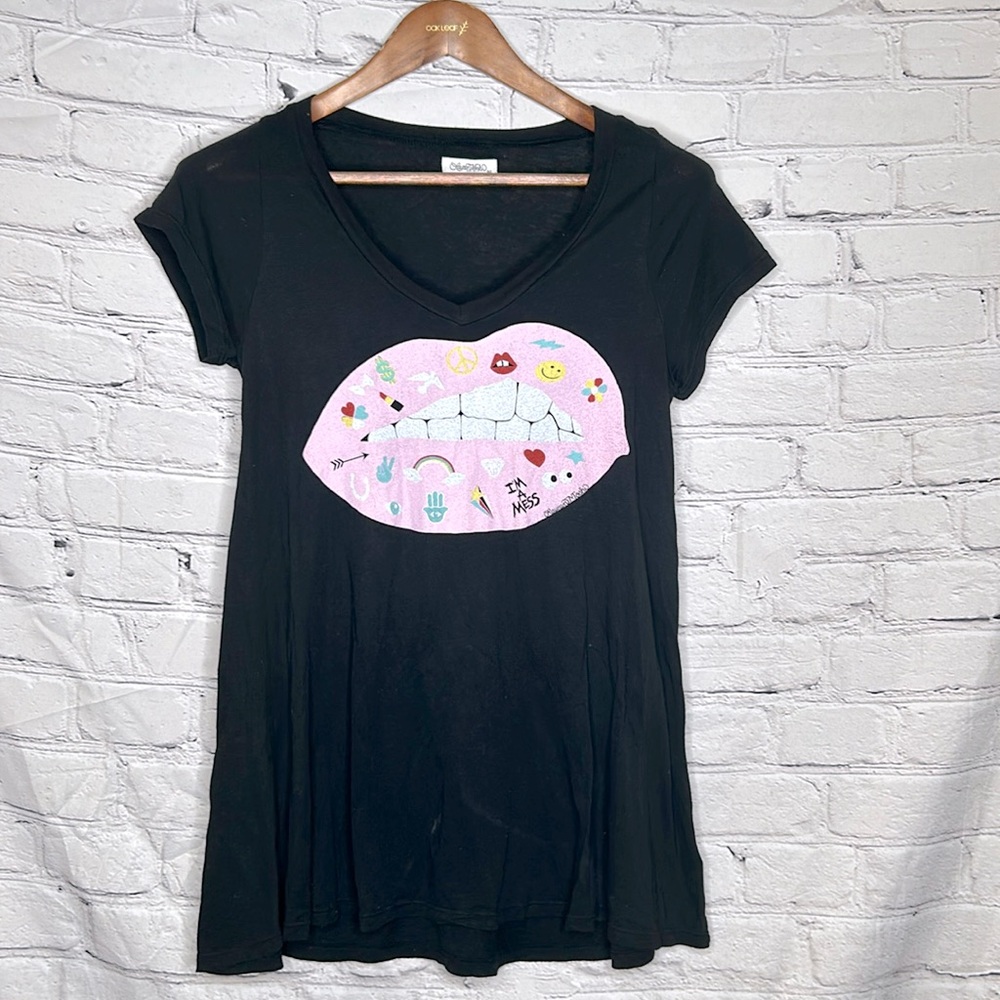 Lauren Moshi Black Pink Lip I’m A Mess Graphic Silk Blend T-Shirt Size X-Small